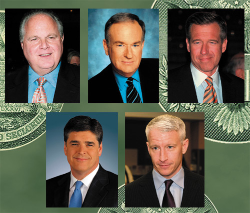 L to R: Rush Limbaugh, Bill O'Reilly, Brian Williams, Sean Hannity, Anderson Cooper